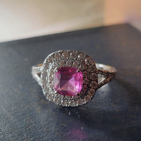 Glamorous Rhodium-Plated Size 9 Ring with Pink Gemstone and Pave Accents - Picture 7 of 16